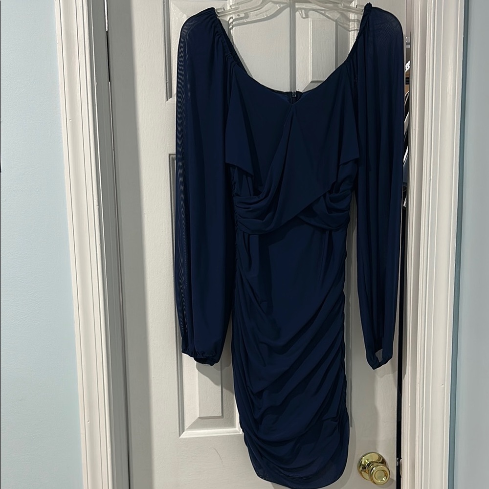 Blue Ruched Bodycon Dress with Bishop Sleeves